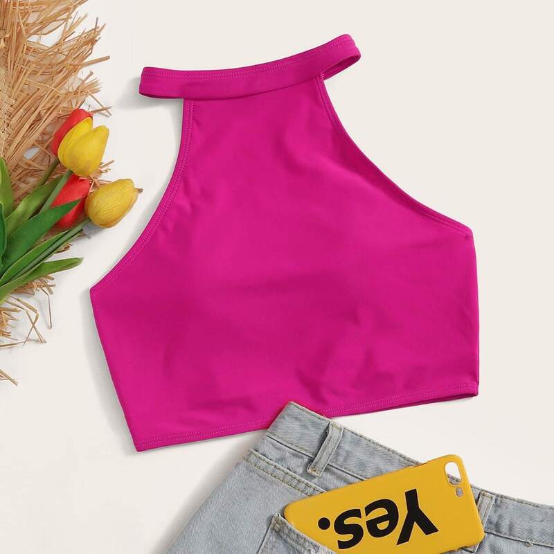 

High Neck Swimming Top, Pink bright
