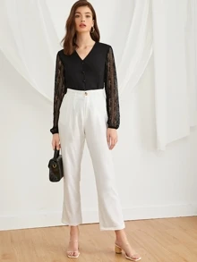 Blus Kontras Lace Plain Hitam Casual - Hitam - View 5