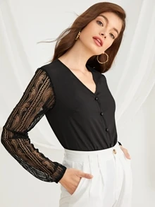 Blus Kontras Lace Plain Hitam Casual - Hitam - View 3