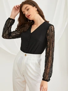 Blus Kontras Lace Plain Hitam Casual - Hitam - View 4