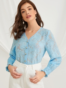 Button Front V-neck Shirred Cuff Blouse