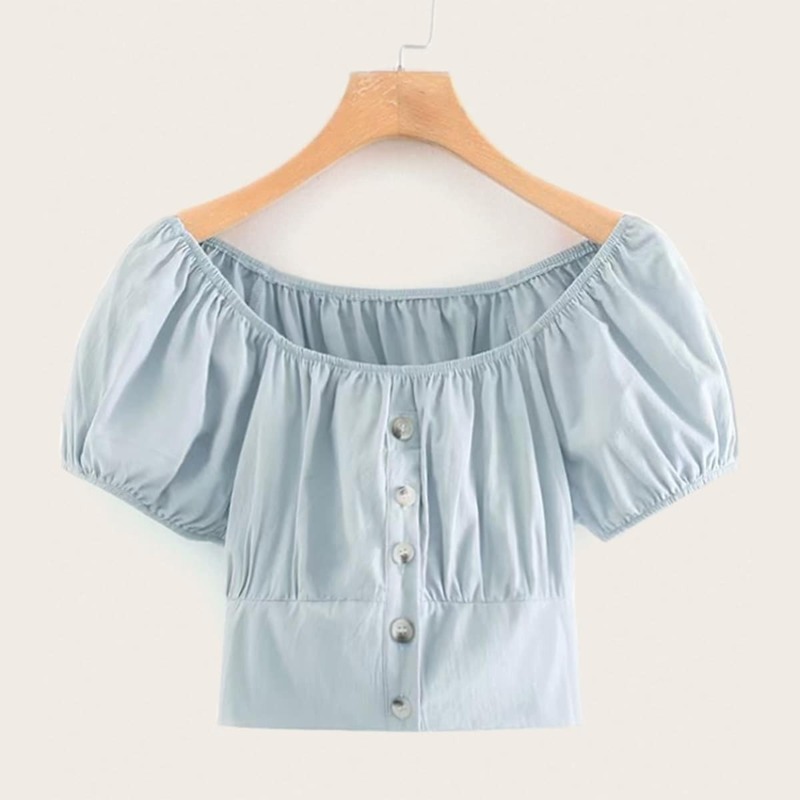 

Button Front Scoop Neck Shirred Back Denim Top, Blue pastel