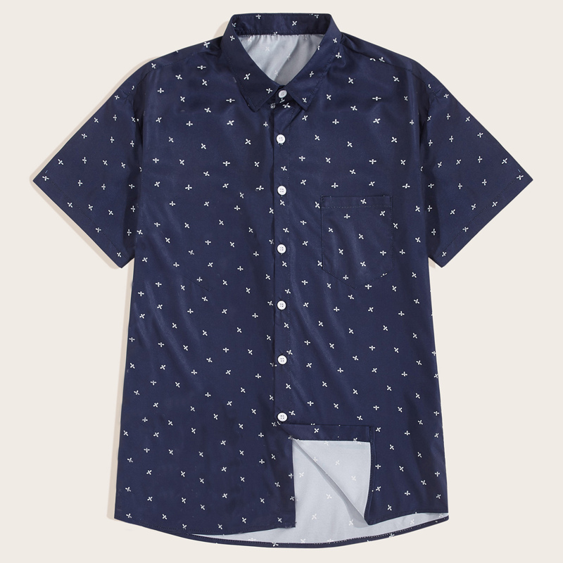 

Guys Allover Printed Curved Hem Shirt, Navy