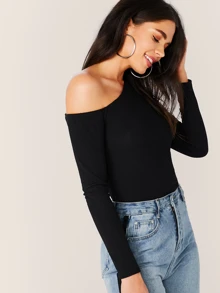 SHEIN Privé Solid Asymmetrical Neck Form Fitted Top - Black - View 3