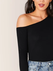SHEIN Privé Solid Asymmetrical Neck Form Fitted Top - Black - View 4