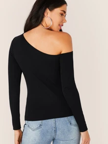SHEIN Privé Solid Asymmetrical Neck Form Fitted Top - Black - View 2