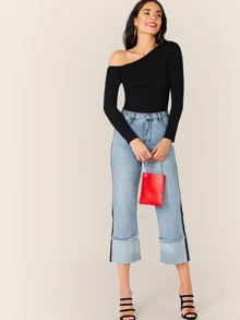 SHEIN Privé Solid Asymmetrical Neck Form Fitted Top - Black - View 5