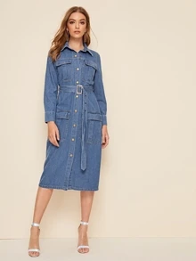 Vestido mezclilla con cinturón con diseño de bolsillo con botón delantero - Neblina azul - Ver 4