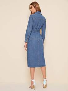 Vestido mezclilla con cinturón con diseño de bolsillo con botón delantero - Neblina azul - Ver 3