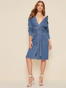 Vestido mezclilla con cinturón con diseño de bolsillo con botón delantero - Neblina azul - Ver 2
