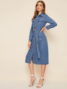 Vestido mezclilla con cinturón con diseño de bolsillo con botón delantero - Neblina azul - Ver 1