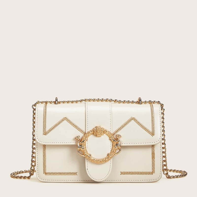 

Stitch Detail Flap Chain Crossbody Bag, White