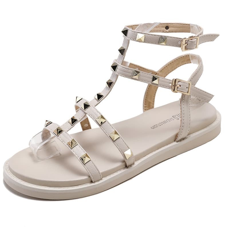 

Studded Decor Double Buckle Strap Sandals, Apricot