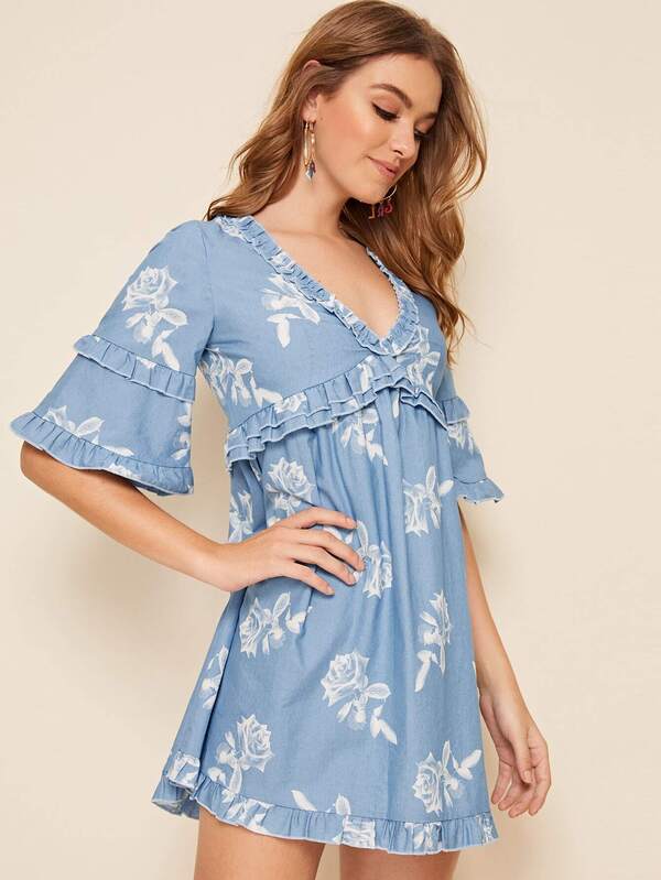 frill sleeve denim dress
