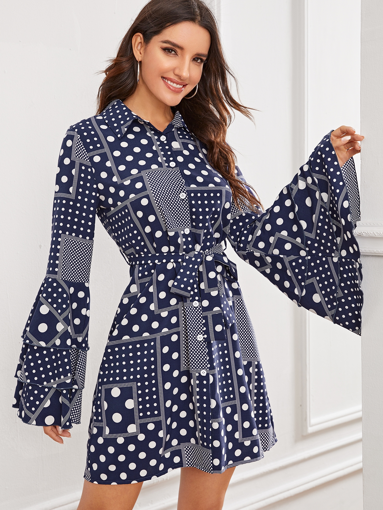 polka-dot flounce layered sleeve belted dress for sale australia