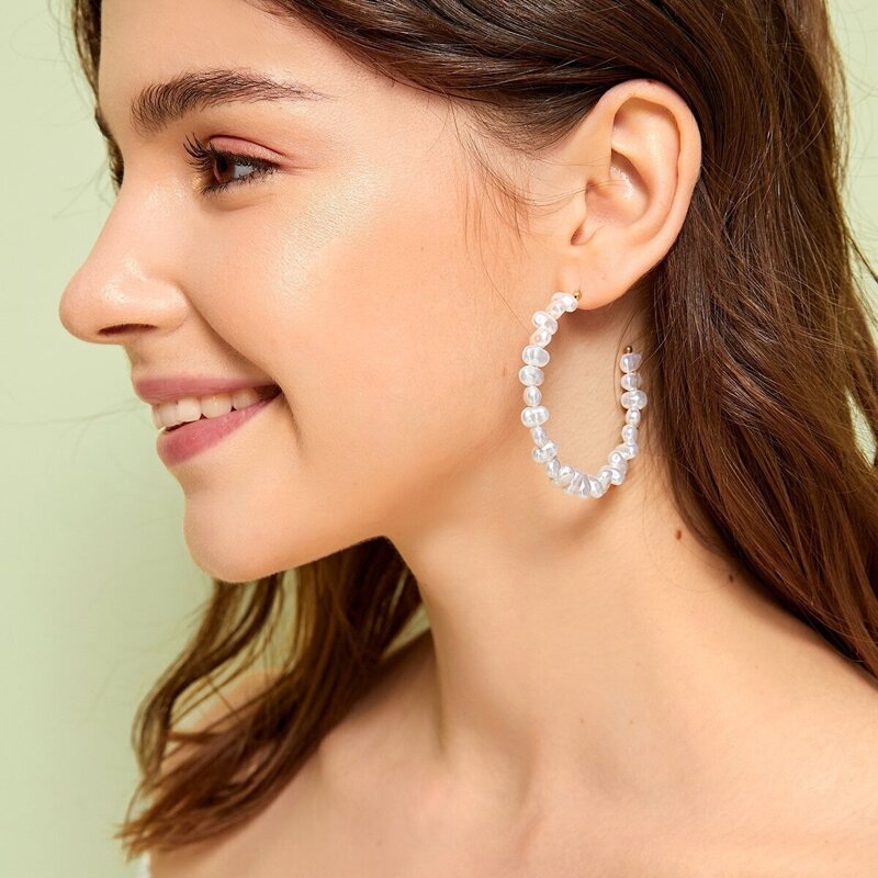 

Faux Pearl Beaded Hoop Earrings 1pair, White