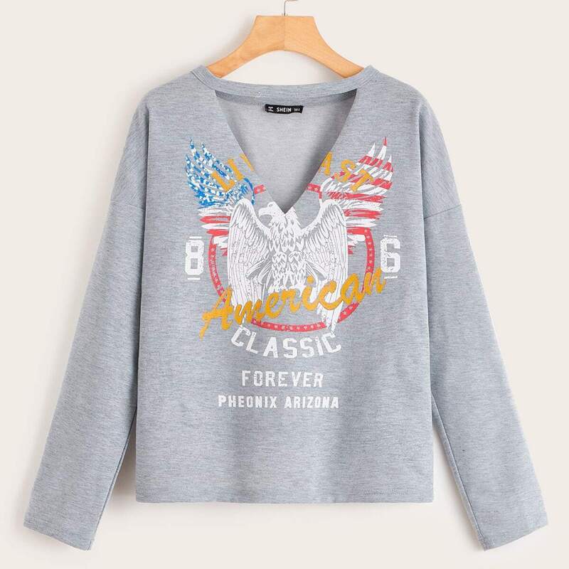 

Graphic Print V-cut Sweatshirt, Grey