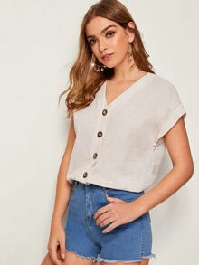 SHEIN Batwing Sleeve Single Breasted Shirt - Beige - View 1