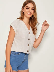 SHEIN Batwing Sleeve Single Breasted Shirt - Beige - View 5