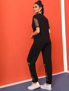 Mulvari Letter Graphic Fishnet Insert Top & Pants Set