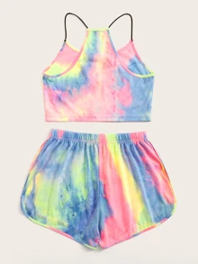 SHEIN VCAY Tie Dye Letter Cami Top & Track Shorts Set - Multicolor - View 2