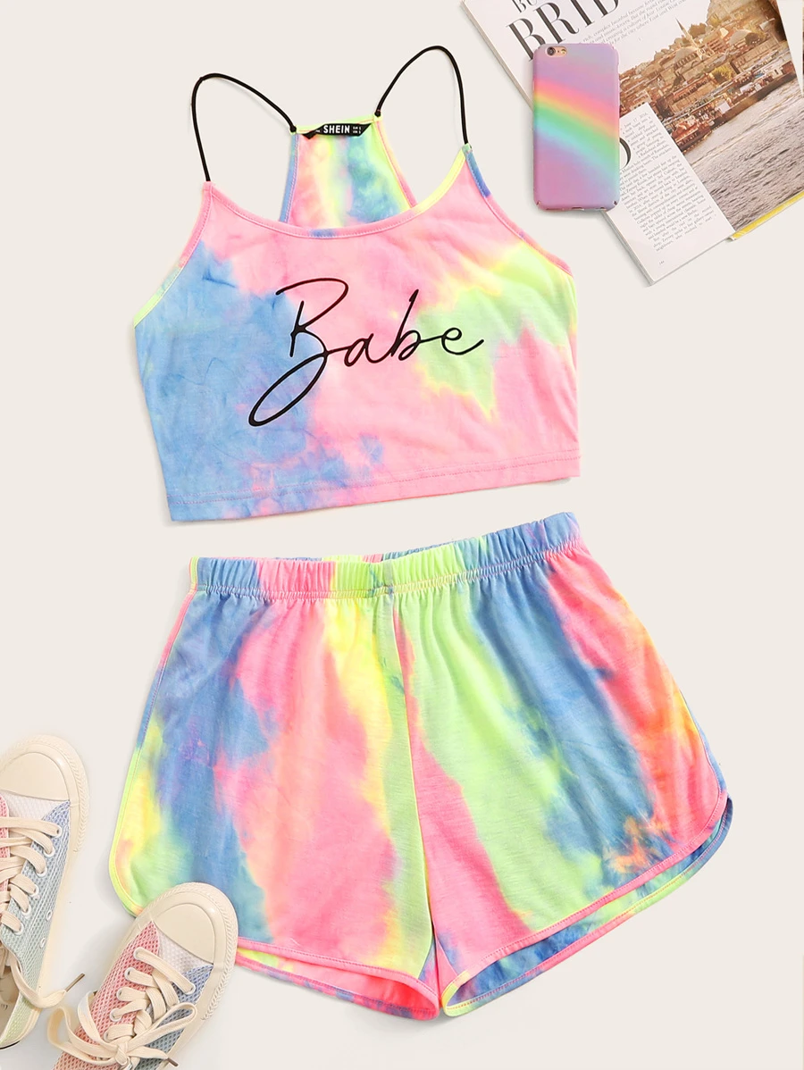 SHEIN VCAY Tie Dye Letter Cami Top & Track Shorts Set - Multicolor - View 1