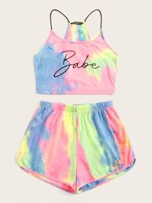 SHEIN VCAY Tie Dye Letter Cami Top & Track Shorts Set - Multicolor - View 3