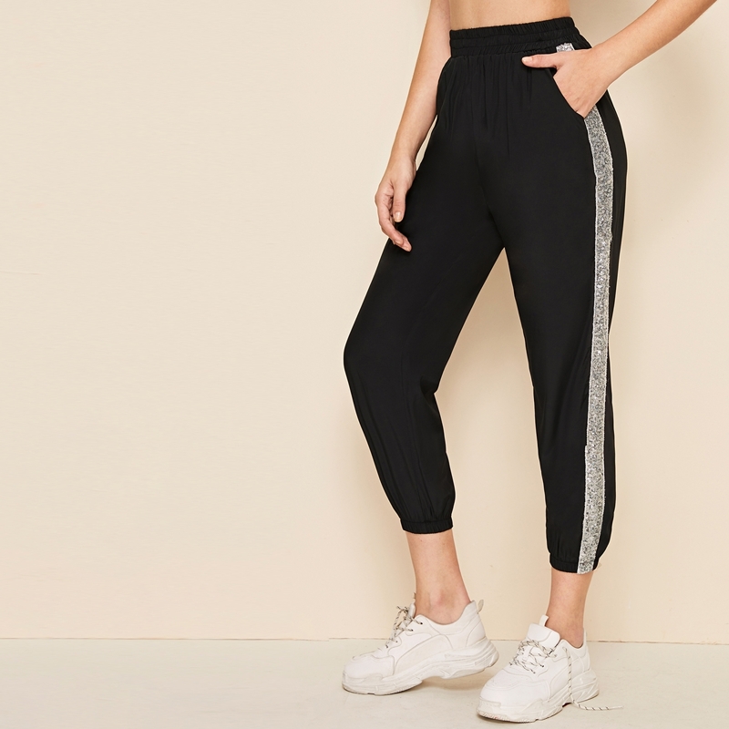 

Contrast Sequin Elastic Waist Sweatpants, Black