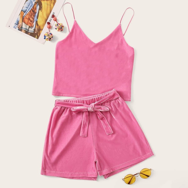 

Solid Velvet Cami Top With Self Tie Shorts, Pink bright