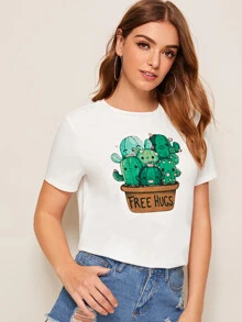 SHEIN Áo thun Plants trắng Casual - trắng - Xem 1