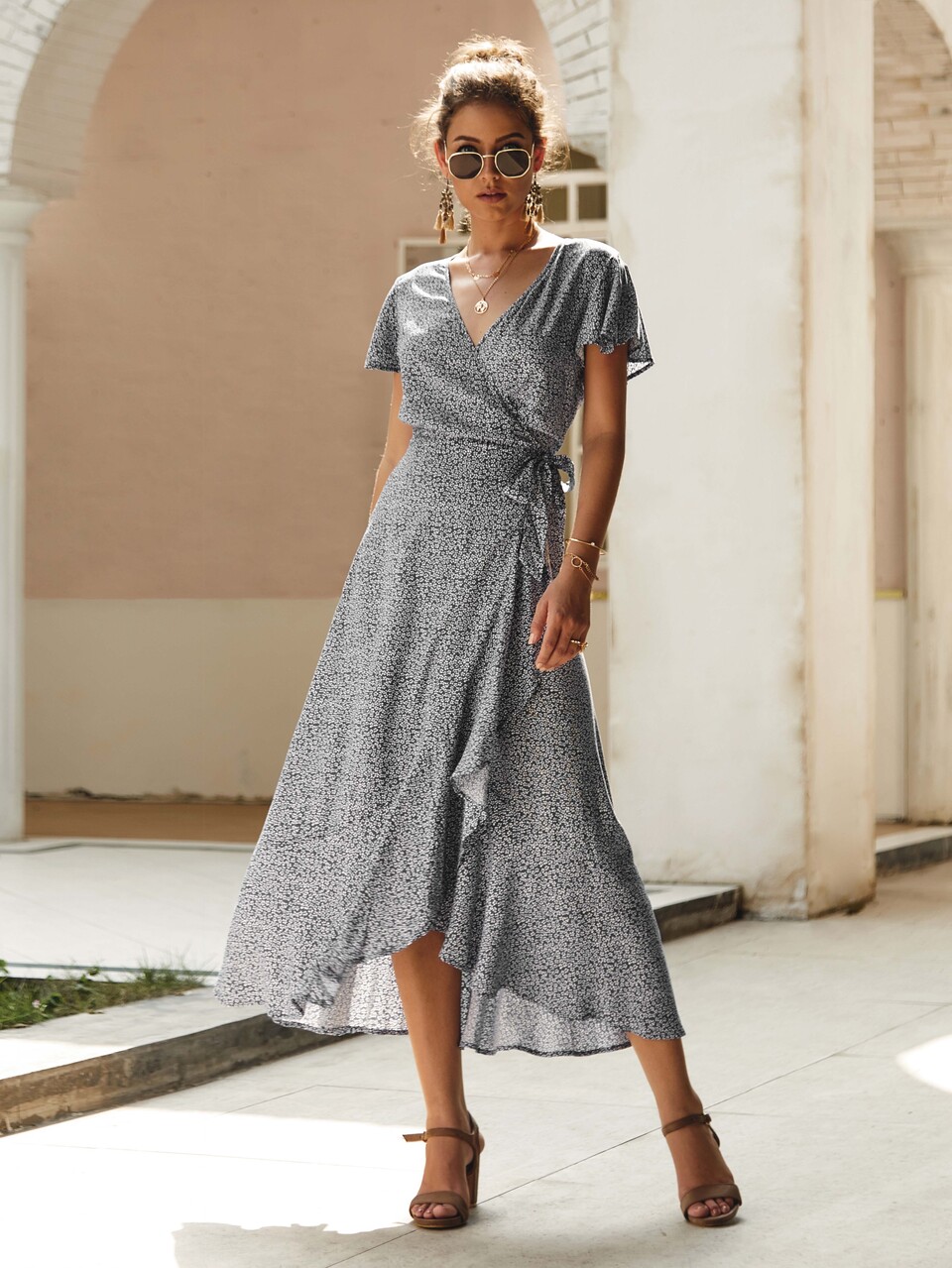 Ditsy Floral Butterfly Sleeve Tie Side Ruffle Wrap Dress