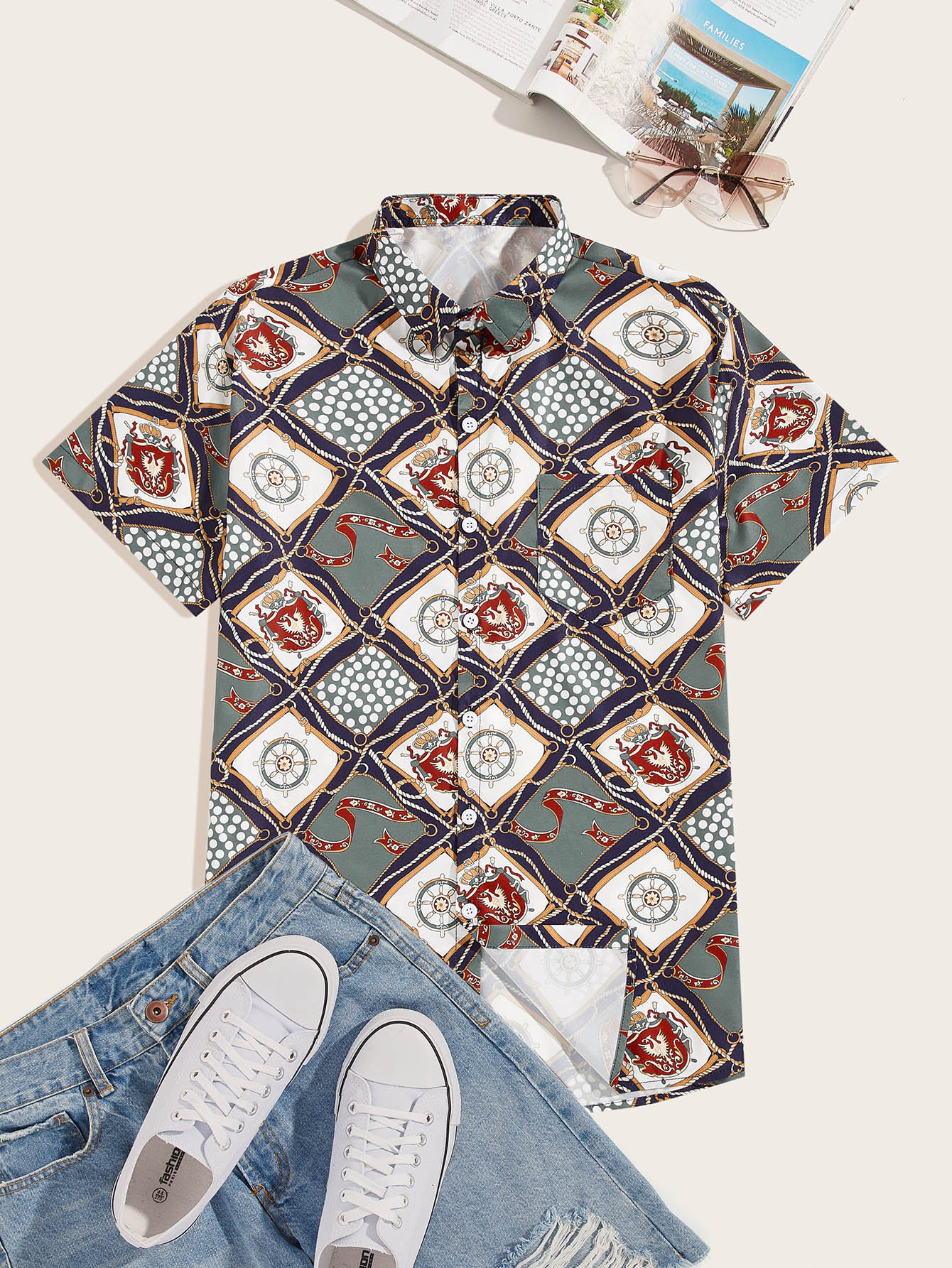 Camisa de hombres con retazo con estampado de pañuelo | Mode Camisa de hombres con retazo con estampado azteca | Mode de