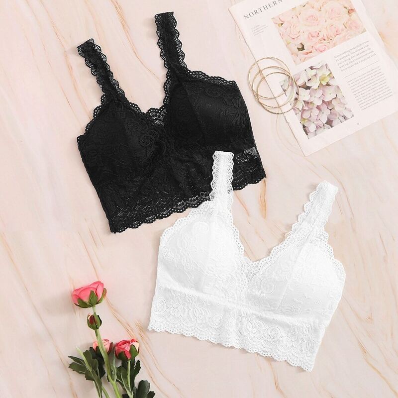 

Floral Lace Scalloped Trim Bra Set 2pack, Black and white