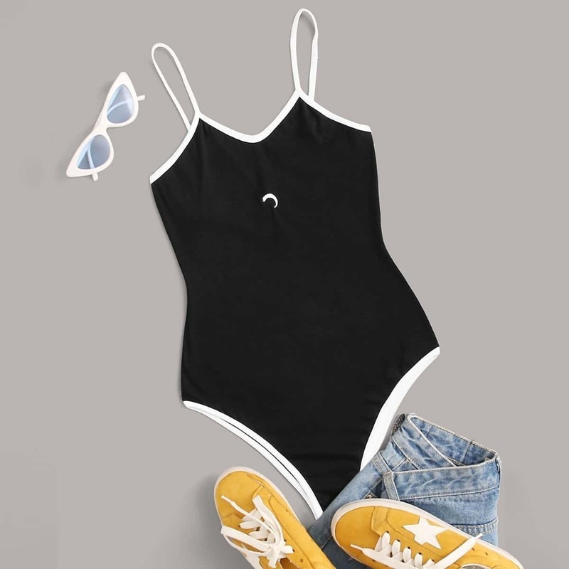 

Moon Embroidered Binding Trim Cami Bodysuit, Black