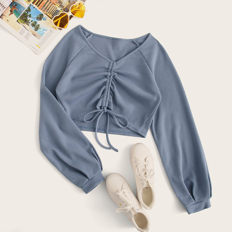 

V-neck Drawstring Front Crop Top, Dusty blue