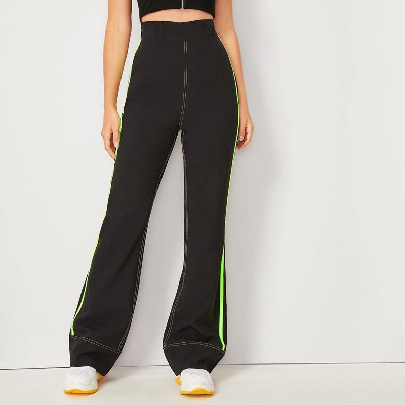 

Contrast Neon Striped Flare Leg Pants, Black