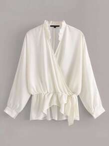 Surplice Front Frill Asymmetrical Hem Tie Side Blouse