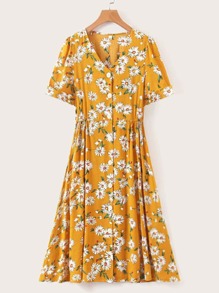 Daisy Print Button Front Shirt Dress