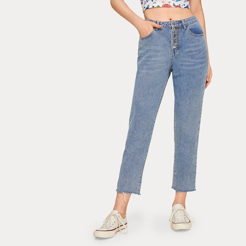 

Raw Hem Button Fly Crop Mom Jeans, Blue
