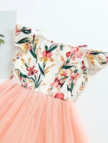 Toddler Girls Floral Print Contrast Mesh A-line Dress - Multicolor - View 3