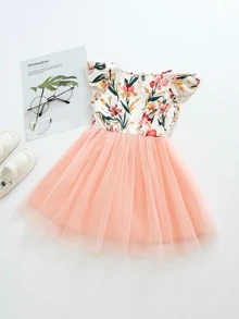 Toddler Girls Floral Print Contrast Mesh A-line Dress - Multicolor - View 2