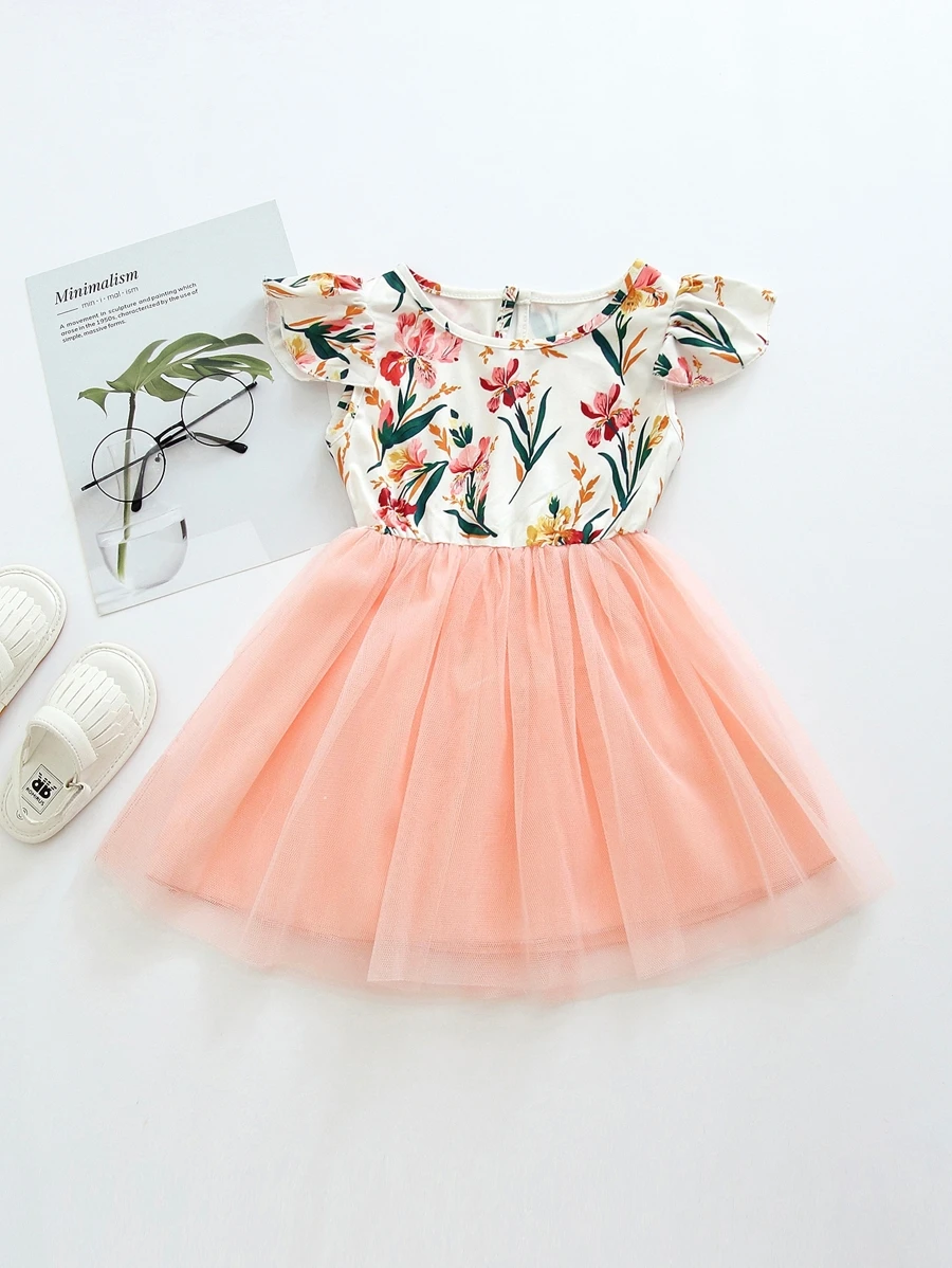 Toddler Girls Floral Print Contrast Mesh A-line Dress - Multicolor - View 1