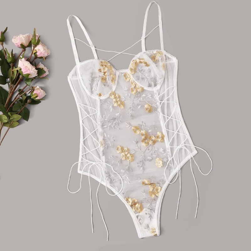 

Floral Embroidered Lace-up Sheer Teddy Bodysuit, White