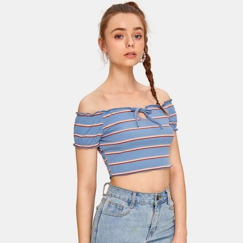 

Off Shoulder Tie Front Striped Rib-Knit Crop Top, Blue