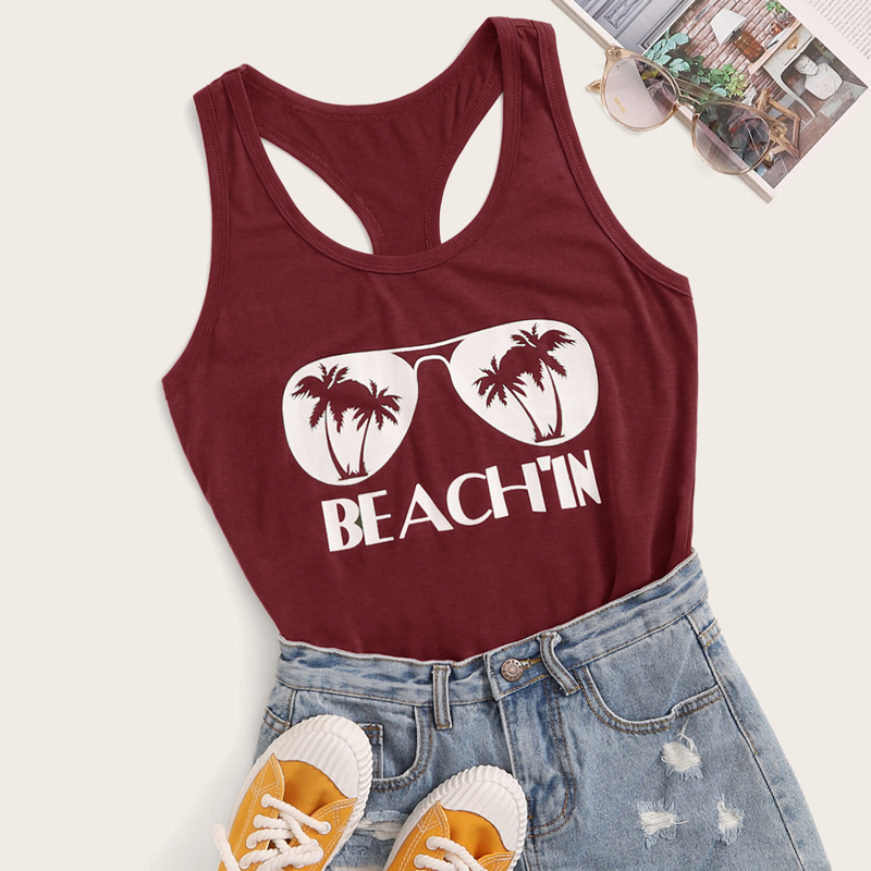 

Letter & Plant Print Tank Top, Burgundy