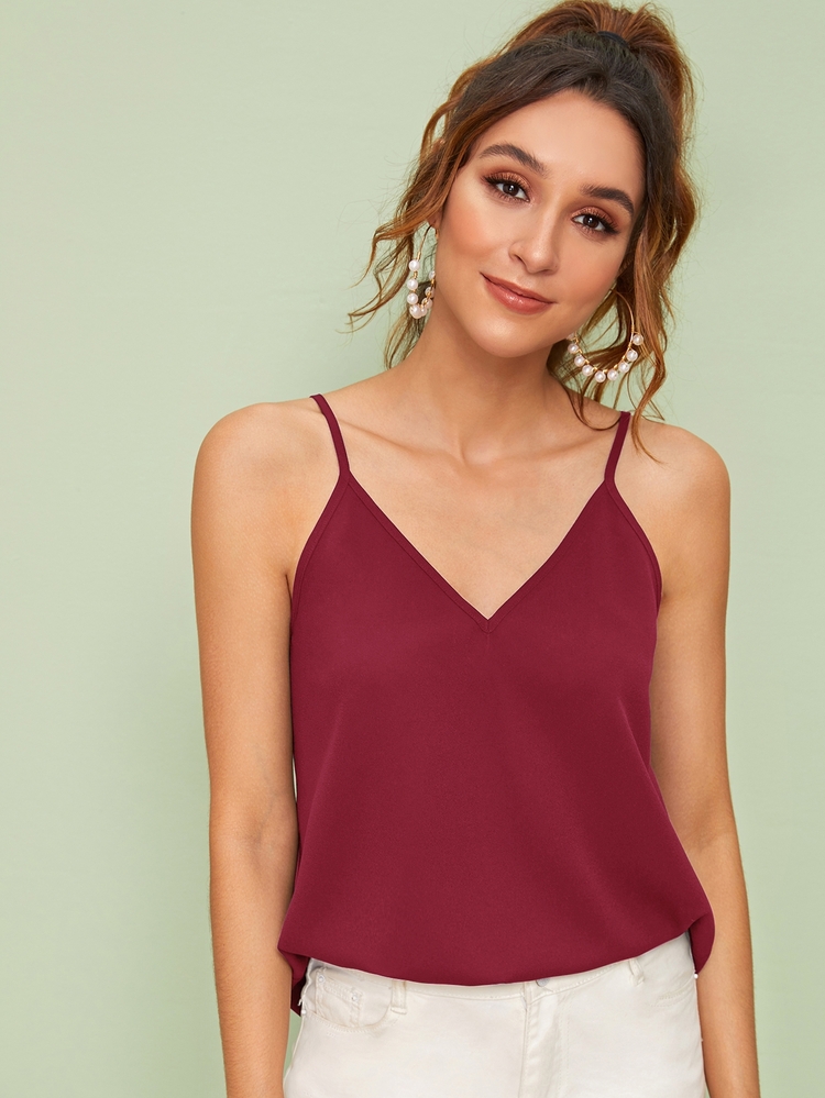 SHEIN Privé Solid Double V Neck Cami Top - Burgundy - View 1