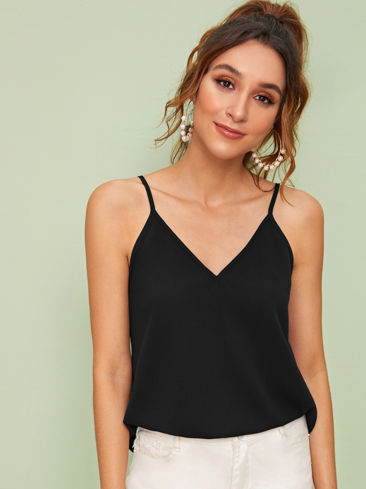 SHEIN Privé Solid Flowy V-Neck Cami Top - Black - View 1
