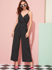 Polka Dot Wide Leg Surplice Cami Jumpsuit