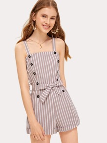 Button Side Stripe Belted Cami Romper