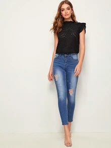 SHEIN Frenchy Top con bordado con ojal de espalda con abertura de ojo de cuello fruncido - Negro - Ver 3